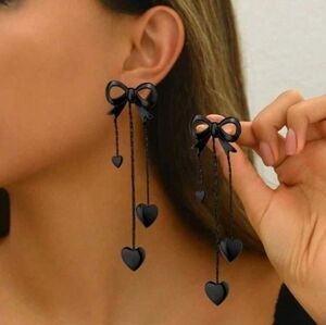 Black Bow & Heart Drop Earrings